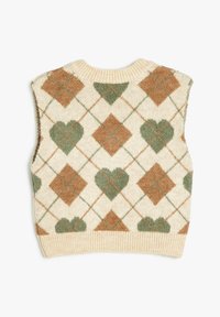 Gilet senza maniche lavorato a maglia in crema con un motivo argyle marrone e verde che presenta cuori, scollo a costine e tessuto testurizzato.
