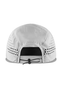 Hellgraue Mütze mit glatter Textur, versehen mit Lüftungslöchern, verstellbarem Zugverschluss hinten und einem gebogenen Schild.