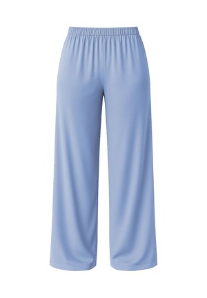 Pantaloni de largi, de culoare albastru deschis, dintr-un material moale și elastic. Talie elastică cu un design simplu, fără modele vizibile sau accesorii.