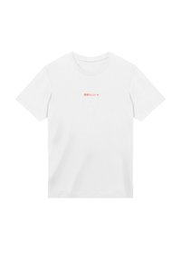 Weißes Baumwoll-T-Shirt mit kurzen Ärmeln und rundem Halsausschnitt. In der Mitte steht der Text "素晴らしい" in leuchtendem Rot.