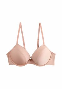 Gevoerde beha met beugel in lichtbeige, met verstelbare bandjes, gladde stof en een naadloos ontwerp voor comfort en ondersteuning.
