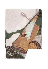 Tessuto piegato con una stampa botanica che presenta grandi foglie e fiori astratti nei toni del beige, verde, marrone e arancione tenue.