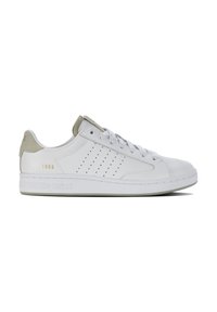 White leather sneaker with a smooth texture, light gray suede accents, perforated detail on the side, and a gold "1966" print on the heel.