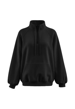Schwarzer Pullover mit halbem Reißverschluss am Kragen, langen Ballonärmeln, Kängurutasche vorne und gerippten Bündchen und Saum.