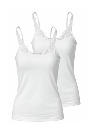 Two white sleeveless camisoles with lace floral trim on the straps and neckline, shown front-facing on a white background.