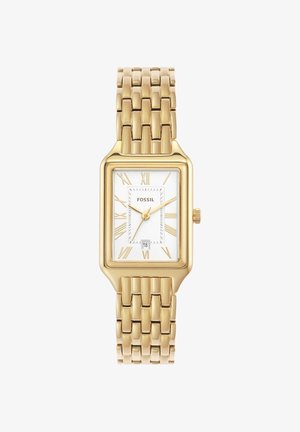 Gold rectangular Fossil watch with white dial, gold Roman numerals, date display at 6 o'clock, and linked metal bracelet band.