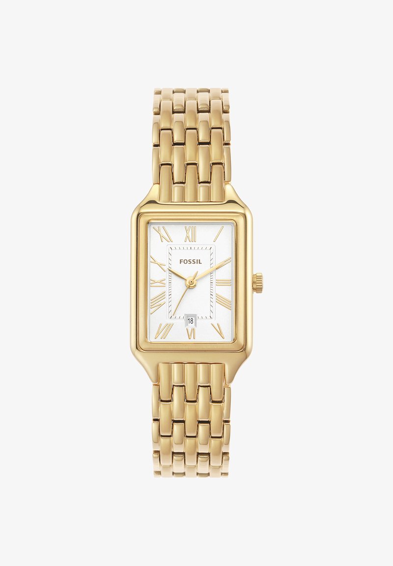 Montre rectangulaire Fossil dorée avec cadran blanc, chiffres romains dorés, affichage de la date à 6 heures et bracelet métallique à maillons.