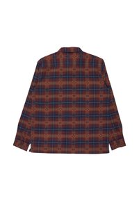 Bruine geruite overhemd met lange mouwen, featuring blauwe en oranje accenten, ruitpatronen, knopenmanchetten en een klassieke kraag.