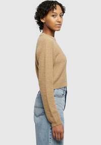 Beige knitted sweater with a textured pattern, long sleeves, and a cropped fit, paired with light blue high-waisted jeans.