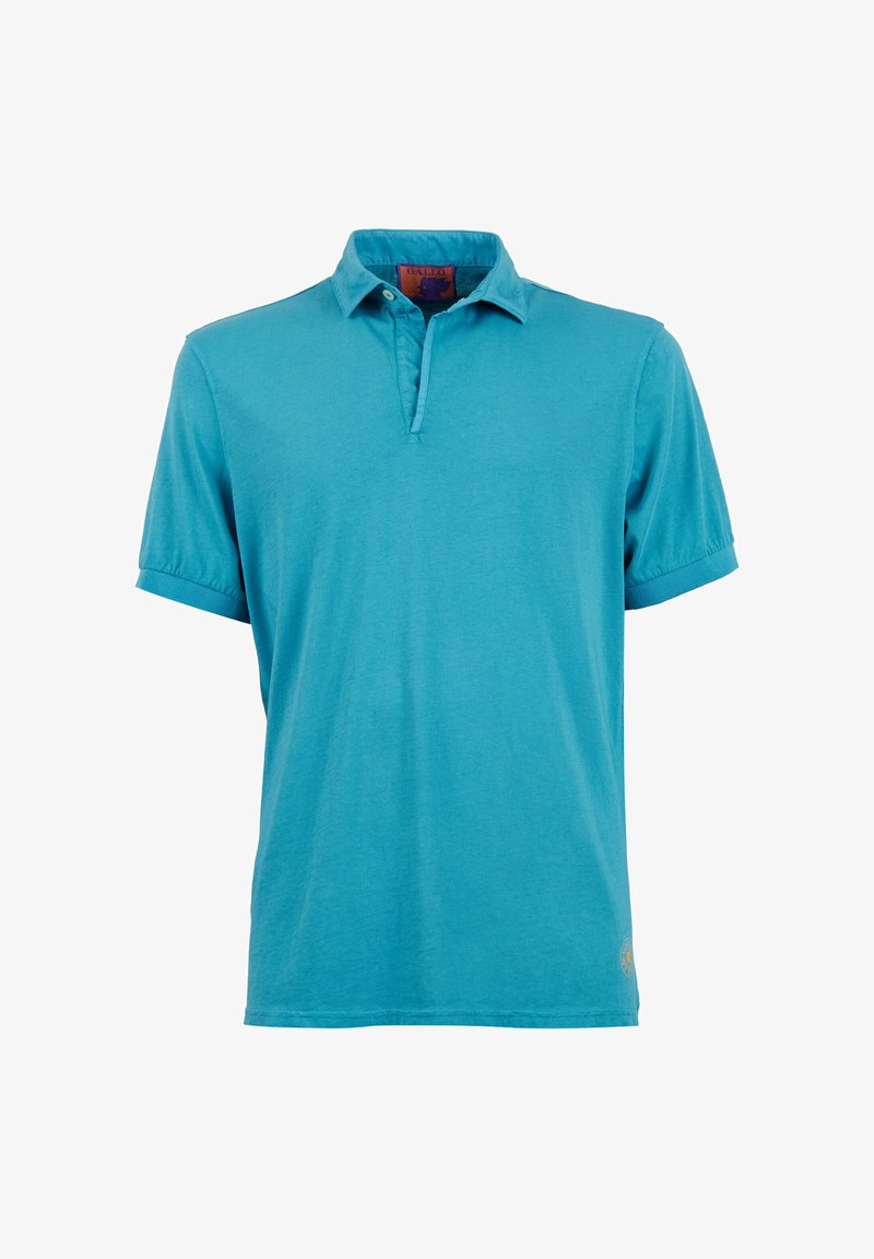 Turquoise polo shirt with short sleeves, a button placket, and a soft textured fabric. Features a logo on the lower hem.