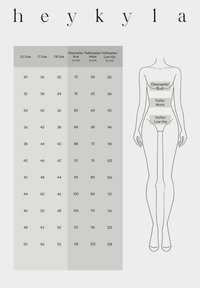 Tableau des tailles de vêtements avec tailles EU, IT, FR et mesures de poitrine, taille, bas des hanches en cm, accompagné d'un contour du corps féminin montrant les zones de mesure.