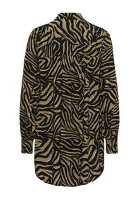 Langärmeliges Oberteil mit Zebramuster in Schwarz und Beige, hergestellt aus leichtem Stoff mit knöpfbarem Kragen und abgerundetem Saum.