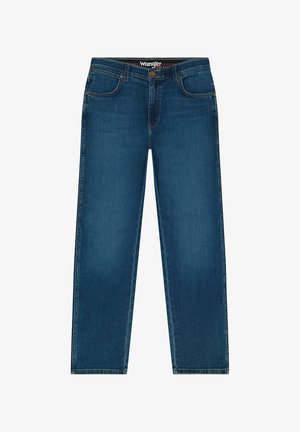 Blue denim jeans with a straight leg design, featuring five pockets, a button closure, and subtle fading on the fabric.