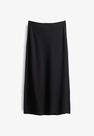 Schwarze knielange Rock mit einer glatten, matten Textur. Verfügt über eine schlichte Silhouette und dezente Seitenschlitze für Bewegungsfreiheit.
