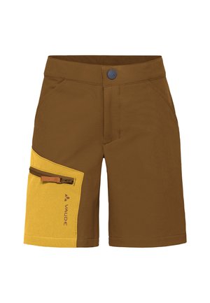 Shorts marron avec une poche latérale jaune dotée d'une fermeture éclair et du logo Vaude, fermeture par bouton, et poches avant inclinées.