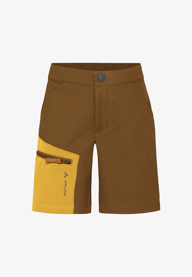 Shorts marron avec une poche latérale jaune dotée d'une fermeture éclair et du logo Vaude, fermeture par bouton, et poches avant inclinées.