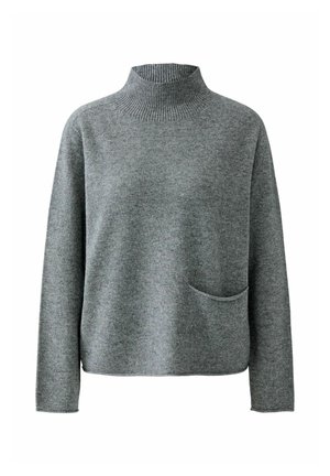 Grauer Wollrollkragenpullover mit langen Ärmeln, ausgestattet mit einem gerippten Kragen und einer vorderen Tasche auf der linken Seite. Weiches Material und lockere Passform.
