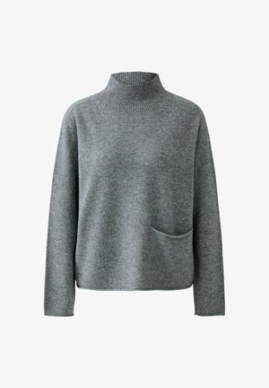 Grauer Wollrollkragenpullover mit langen Ärmeln, ausgestattet mit einem gerippten Kragen und einer vorderen Tasche auf der linken Seite. Weiches Material und lockere Passform.