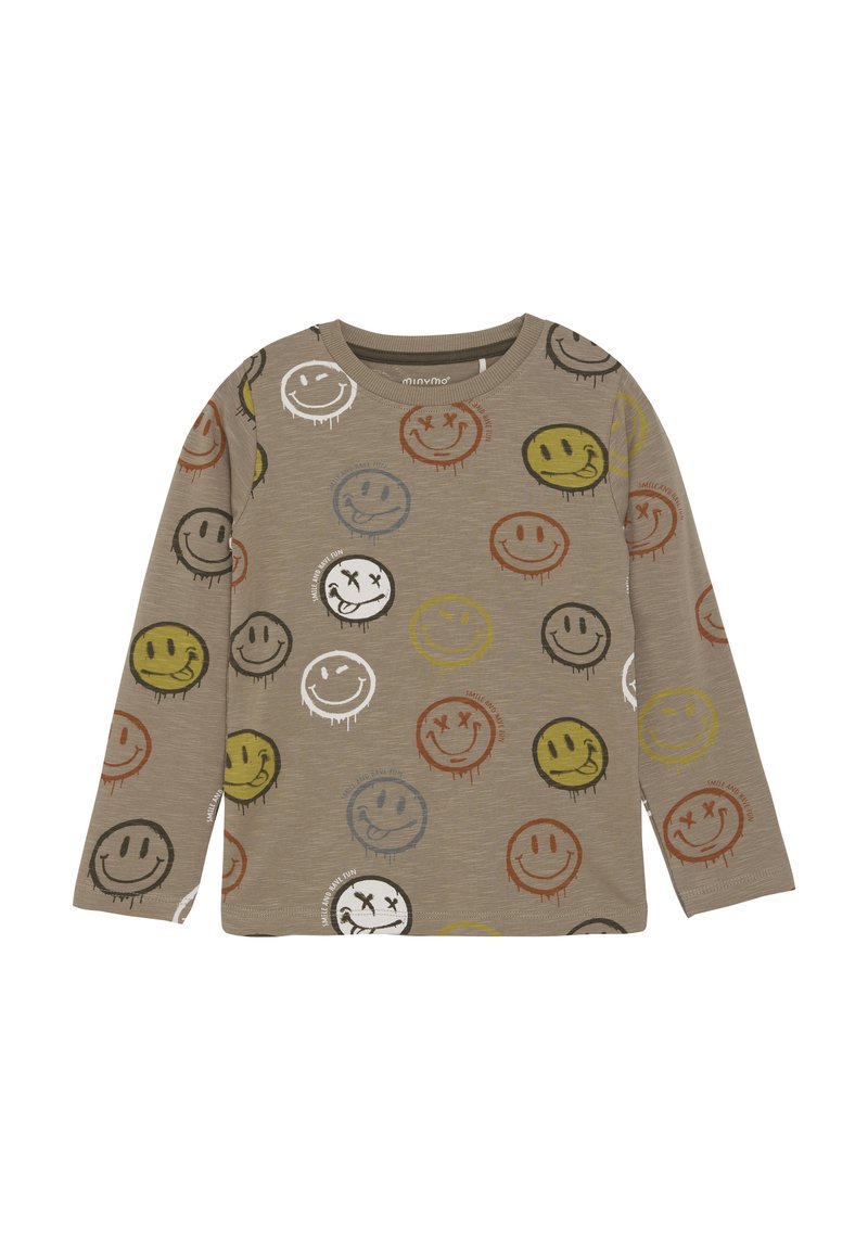 Langarm-Shirt in Taupe mit einer Mischung aus bunten Smiley-Gesicht-Drucken. Verfügt über einen Rundhalsausschnitt und eine weiche Baumwollmischung.