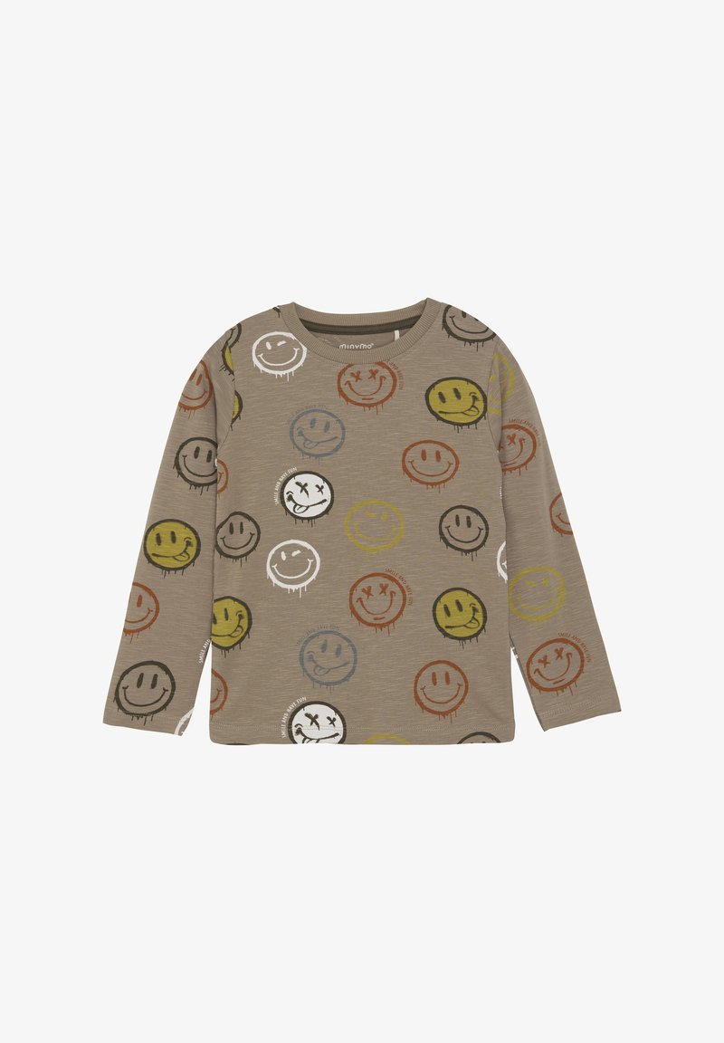 Langarm-Shirt in Taupe mit einer Mischung aus bunten Smiley-Gesicht-Drucken. Verfügt über einen Rundhalsausschnitt und eine weiche Baumwollmischung.