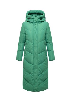 Lange groene pufferjas met capuchon, voorzien van een gestikt patroon en een rechte snit. Inclusief koordjes voor een aanpasbare pasvorm.