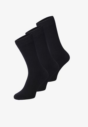 Black socks in a pack of three. Ribbed texture with reinforced cuffs and toes. Smooth finish, knee-high length. No visible patterns or logos.