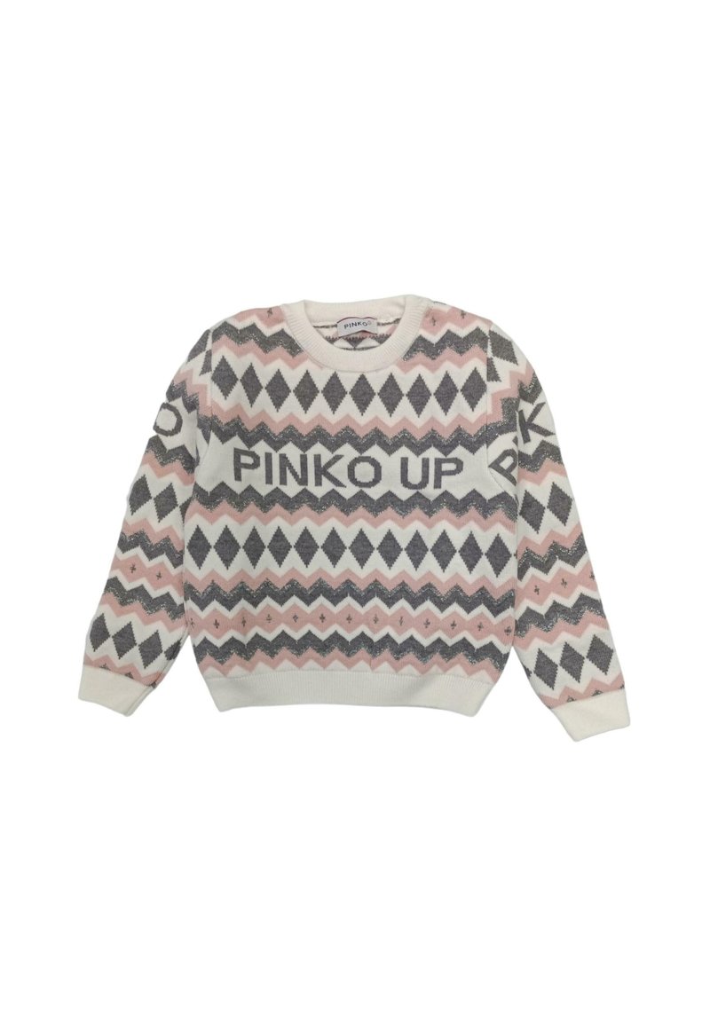 Gebreide trui met een zigzagpatroon in roze, grijs en wit, met de tekst "PINKO UP". Ronde halslijn en ribgebreide manchetten en onderzoom.