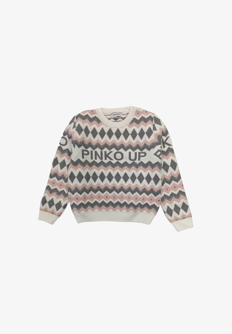 Strickpullover mit Zickzackmuster in Rosa, Grau und Weiß, mit dem Text "PINKO UP". Runder Halsausschnitt und gerippte Bündchen und Saum.