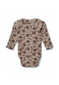 Hosszú ujjú bodysuit krémszínben, barna virágmintával, kerek nyakkivágással és puha, texturált anyagból készült.