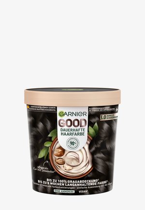 Garnier Good, barattolo di colore per capelli permanente, marrone cioccolato scuro, presenta un coperchio nero con accenti marrone chiaro. Contiene burro di karité, formula vegana.