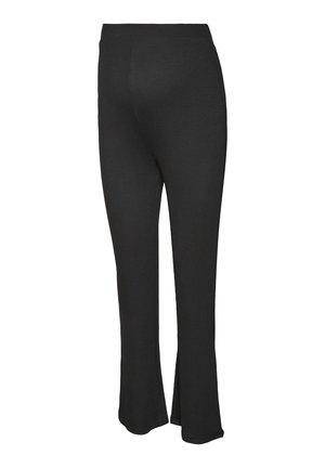 Svarte flared bukser lavet af strækbart stof, med en bred talje og glat tekstur, designet til komfort og fri bevægelighed.