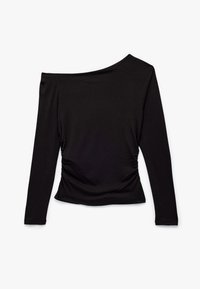 Zwarte lange mouw top van zacht, rekbaar materiaal. Heeft een off-the-shoulder ontwerp en geplooide details aan de zijkanten.