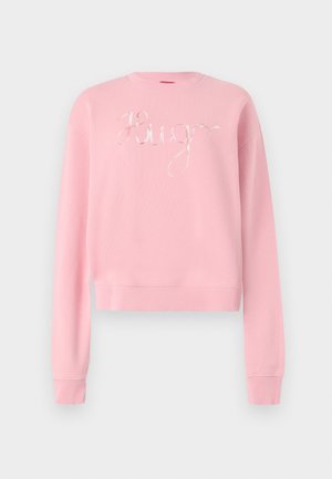 Rosa sweatshirt med rund halsringning, lange ermer og cropped design, med en blank "Hugo" skrive på forsiden. Glatt tekstur.