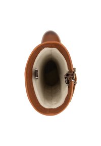 Bruine leren laars met een zachte, crèmekleurige voering. Ronde opening, voorzien van een metalen accent en gestikte details rondom de rand.