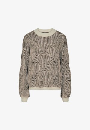 Pull léger beige avec un motif géométrique noir texturé, col rond, et poignets et ourlet côtelés. Matière en tricot douce.