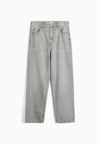 Jean en denim gris clair avec une coupe droite, comporte cinq poches, fermeture à bouton et un léger dégradé sur la texture du tissu.