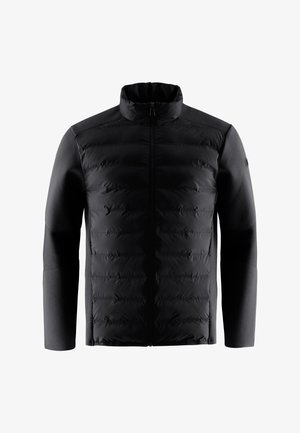 Svart jacka med en vadderad framsida, hög krage, långa ärmar och slät tyg på ärmarna, utformad för värme och komfort.