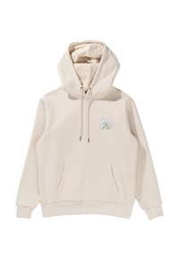 Sudadera beige hecha de un tejido suave, con un bolsillo frontal, capucha con cordones y bordado floral en el lado izquierdo del pecho.