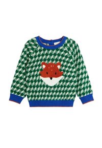 Maglione lavorato a maglia verde con un motivo a diamante bianco, colletto tondo blu e dettagli arancioni, con un design di faccia di volpe al centro.
