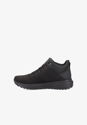 Black athletic shoes featuring a smooth suede upper, mesh accents, round laces, and a textured rubber sole with a slight heel.