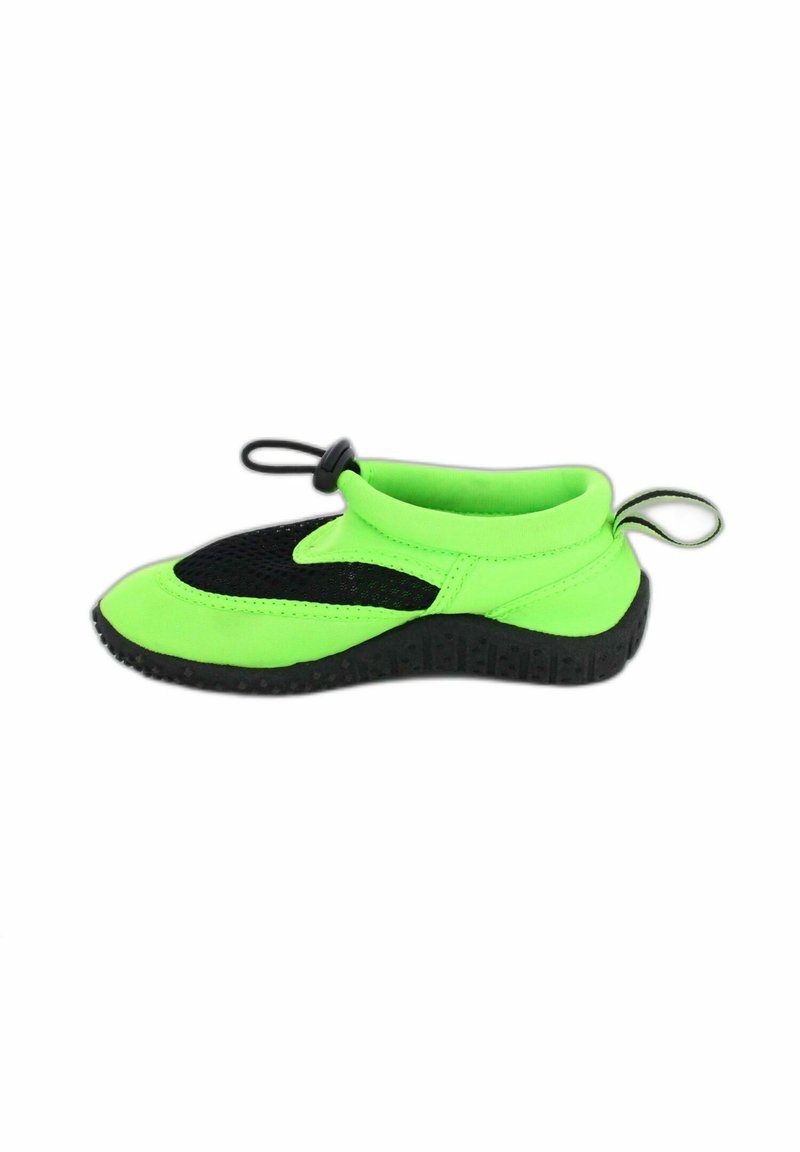 Neon-grüne Slip-On-Wasserschuhe mit einem schwarzen Netzpaneel und einer strukturierten Gummisohle. Leichtes Design mit elastischer Schnur für einen sicheren Sitz.