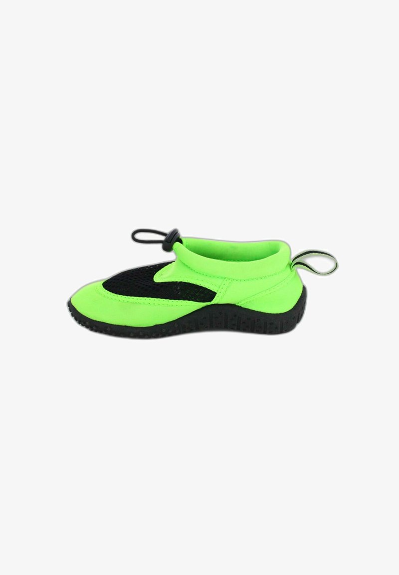 Neon-grüne Slip-On-Wasserschuhe mit einem schwarzen Netzpaneel und einer strukturierten Gummisohle. Leichtes Design mit elastischer Schnur für einen sicheren Sitz.