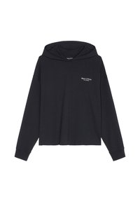 Zwarte hoodie gemaakt van zachte stof. Heeft lange mouwen, een ontspannen pasvorm en een klein logo op de borst. Eenvoudig ontwerp zonder patronen.