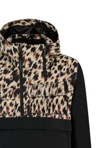 Pullover-Jacke mit einem schwarzen unteren Abschnitt und einem gemusterten oberen Abschnitt in Beige, Schwarz und Braun. Verfügt über einen hohen Kragen und eine vordere Reißverschlusstasche.