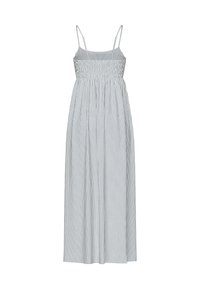 Brezramenski maxi obleka iz lahkotnega materiala z modro-belimi navpičnimi črtami. Ponuja nabran bodice in tekočo krilo.