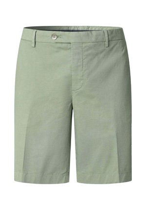 Pantaloncini verdi chiaro su misura con chiusura a bottone e zip, passanti per cintura e design frontale pulito.