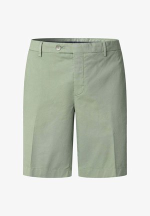 Pantaloncini verdi chiaro su misura con chiusura a bottone e zip, passanti per cintura e design frontale pulito.