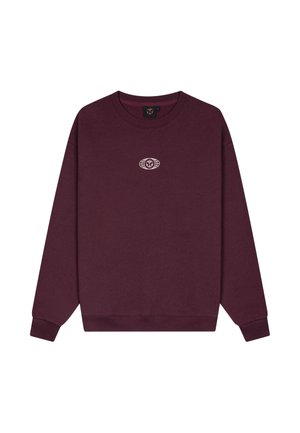 Bordeauxrotes Sweatshirt mit langen Ärmeln und Rundhalsausschnitt, mit kleinem weißem ovalem Logo mittig auf der Brust und gerippten Bündchen und Saum.
