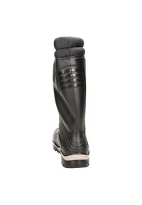 Botte noire imperméable avec une tige en caoutchouc flexible, un col rembourré et une semelle texturée pour l'adhérence. Présente des lignes discrètes et un design robuste.