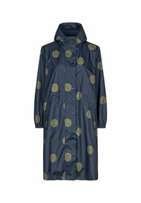 Navy vandtæt jakke med store olivengrønne polkaprikker; har en hætte, trykknapper, elastiske manchetter og sidelommer.